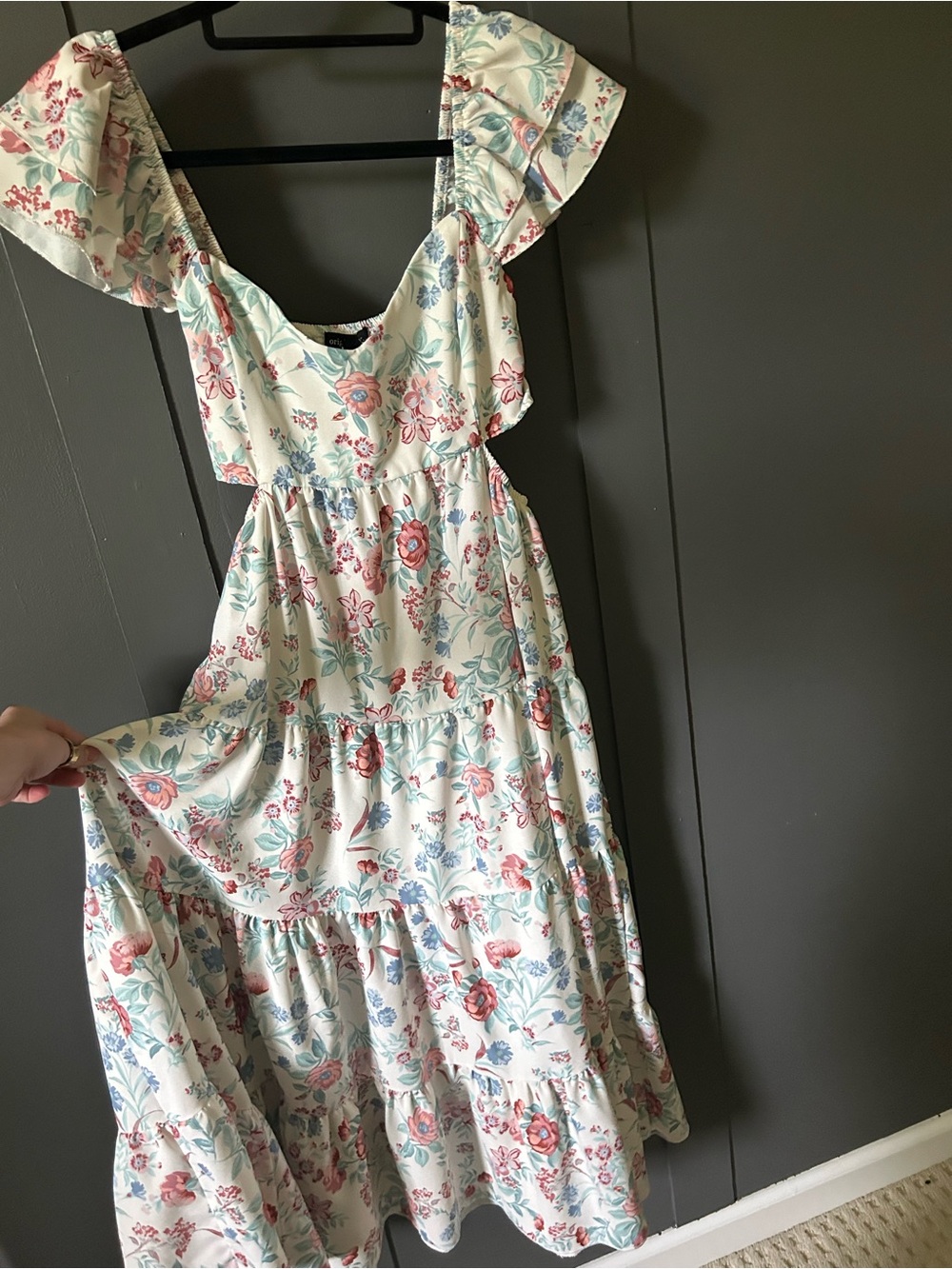 Dry Goods Floral Midi Dress in Cream with Pink & Blue Flowers